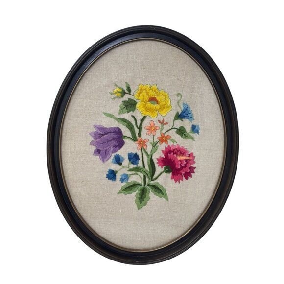 Other - MCM Botanical Embroidery Oval Frame Crewel Floral Wall Art Needlepoint Vtg